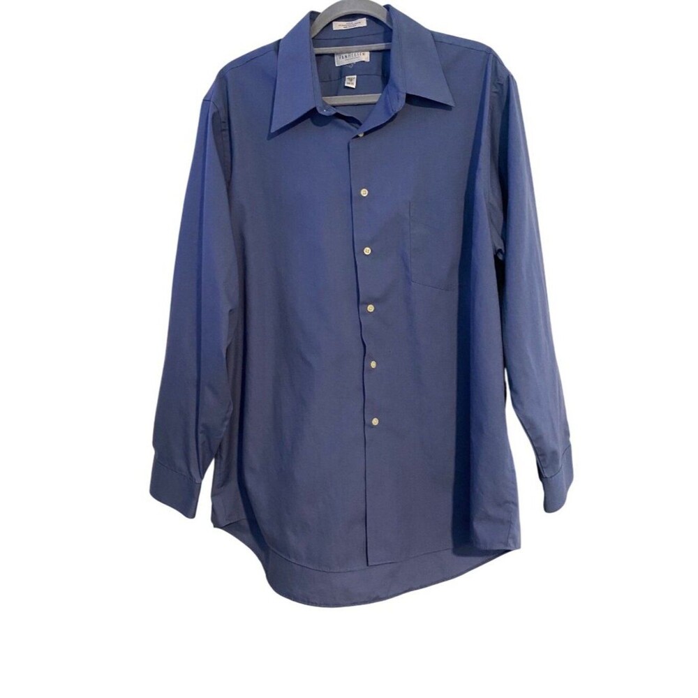 Van Heusen Men's 17 34/35 Wrinkle-Free Blue Shirt Long Sleeve Button-Up Poplin